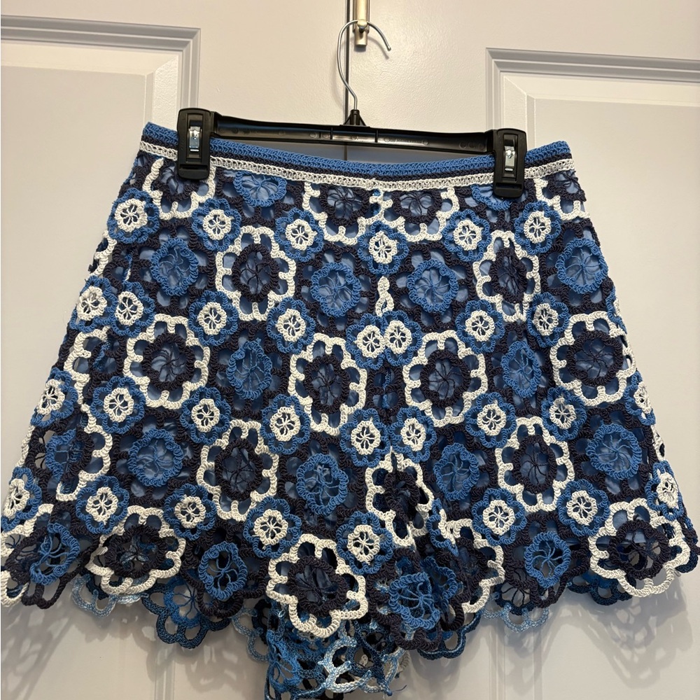 Maje Blue and White Floral Lace Shorts